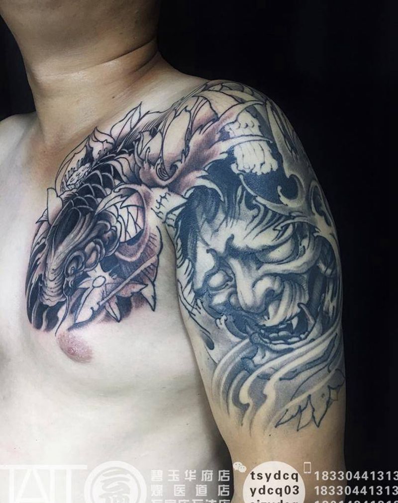 般若+鱼 完美覆盖老纹身纹身图片_成品臀部手臂胸部传统宗教鬼神原创动物纹身图案