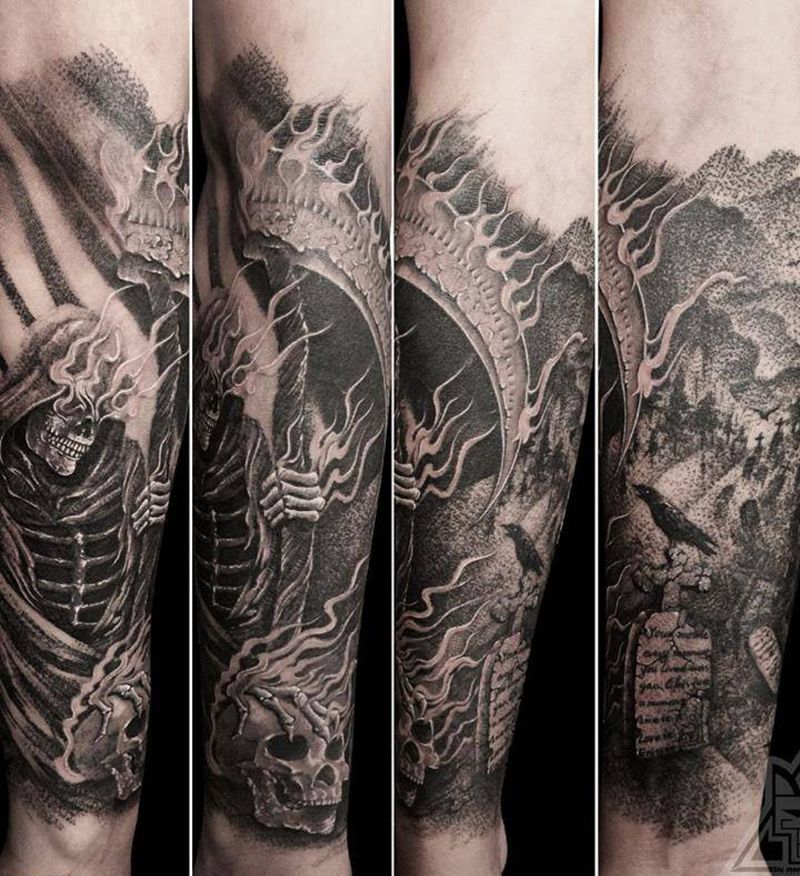死神+墓地纹身图片_成品手臂欧美写实宗教鬼神原创人物纹身图案