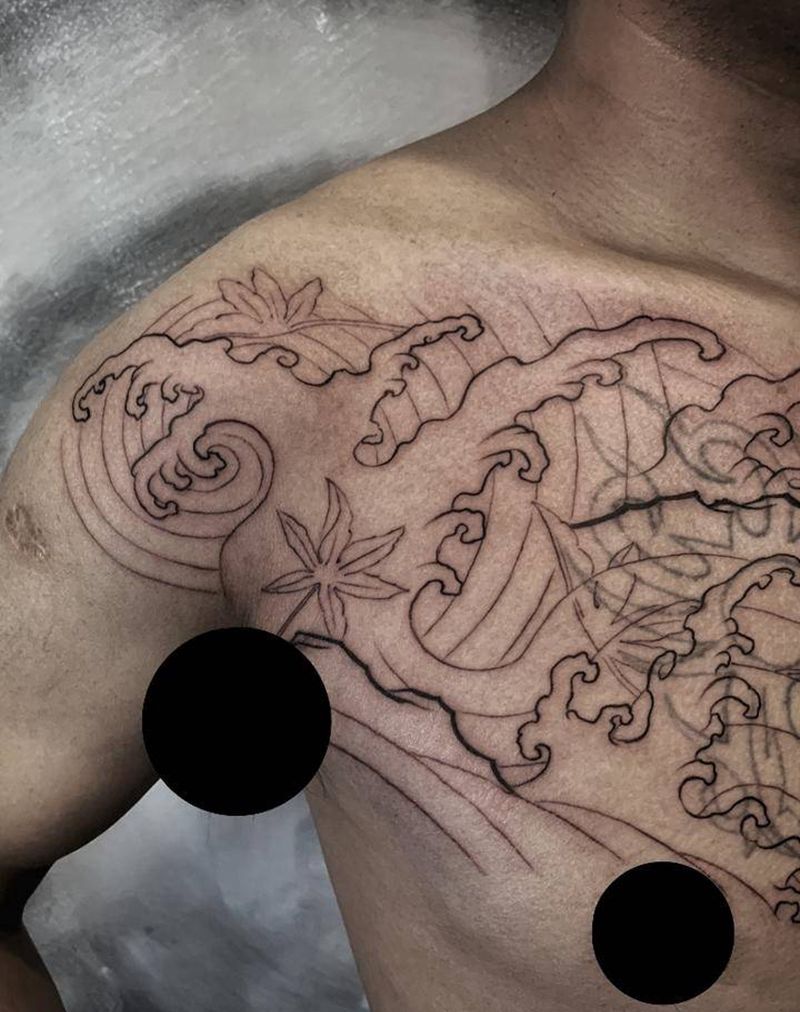 水浪纹身图片_胸部新传统水浪纹身图案