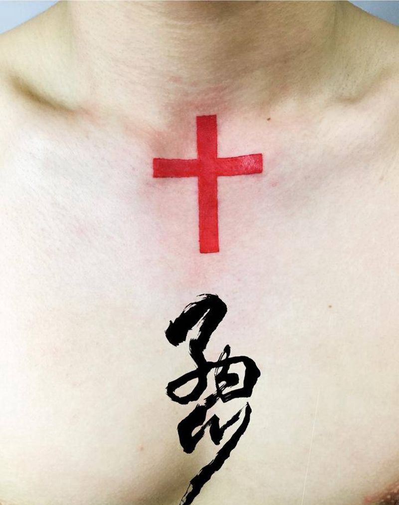 红十字架纹身图片_成品颈部欧美清新几何纹身图案