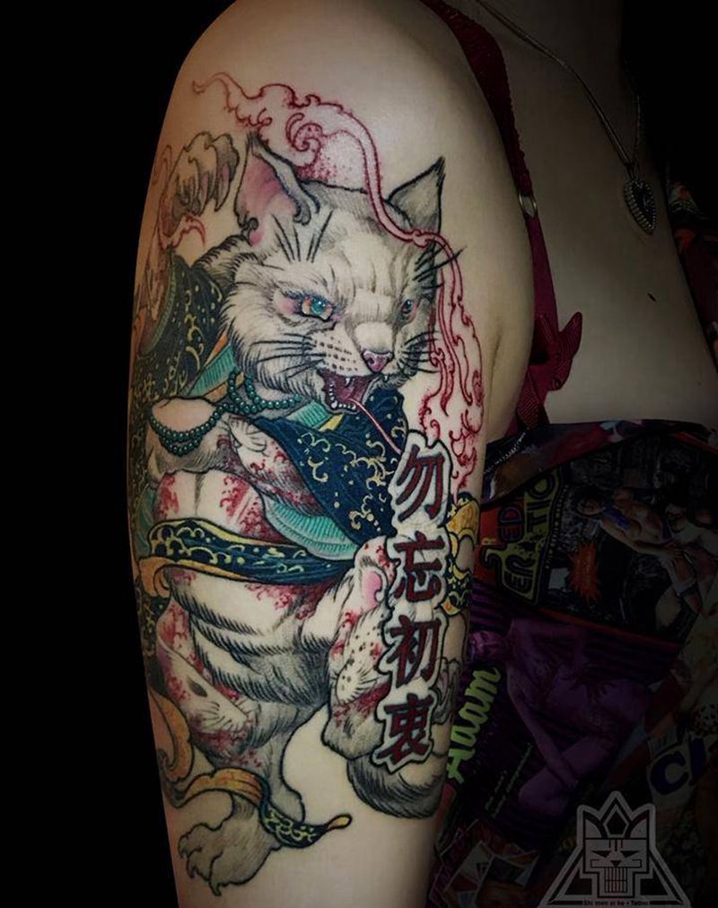 猫纹身图片_成品手臂欧美动物School纹身图案