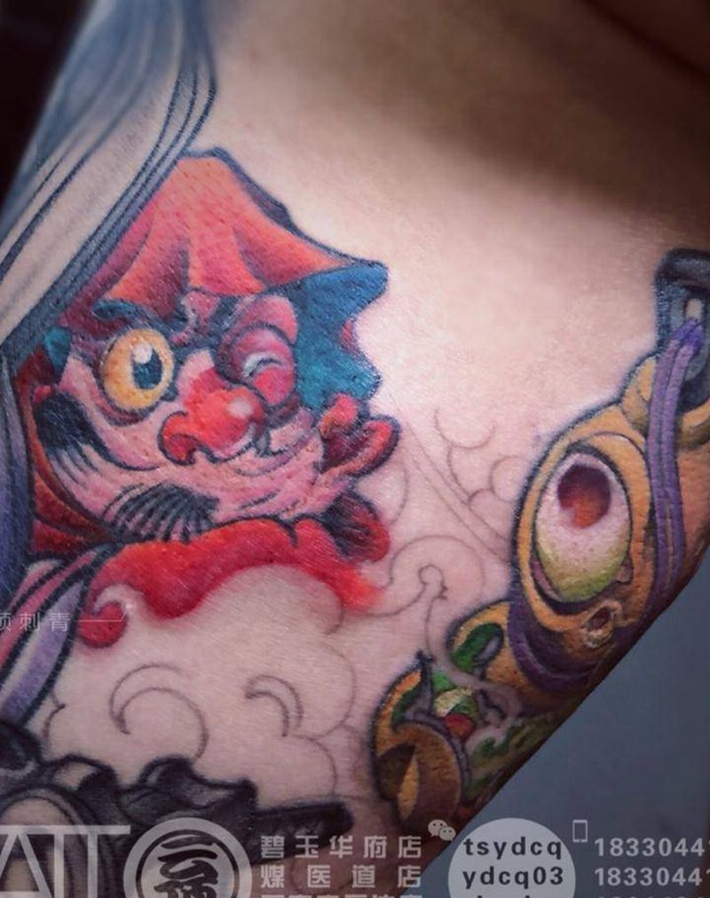 传统花臂拼接纹身图片_成品腿部传统习俗宗教鬼神原创纹身图案