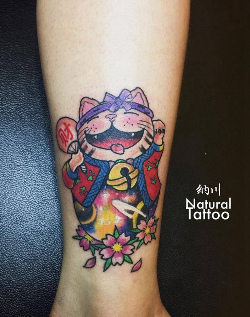 招财猫呜纹身图片_成品腿部欧美传统动物鬼神卡通纹身图案