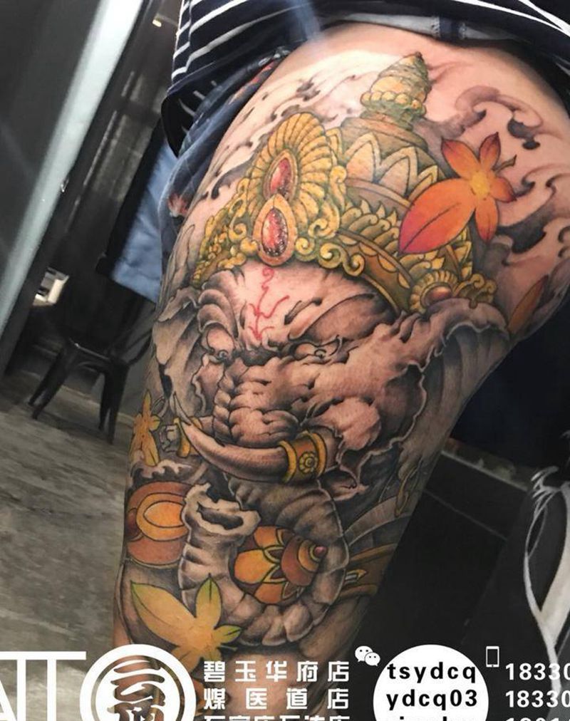 象神花腿 局部纹身图片_成品腿部传统习俗鬼神动物原创纹身图案