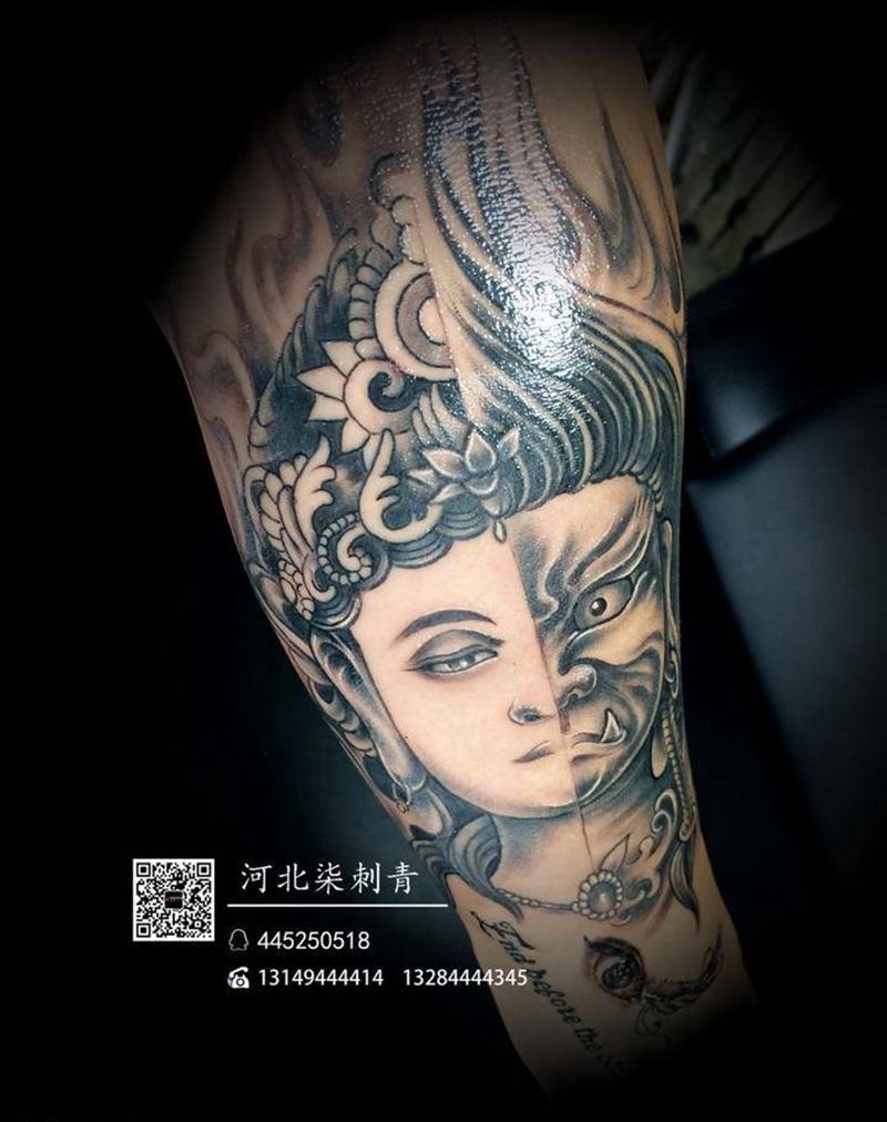 一念之间纹身图片_成品手臂传统人物纹身图案
