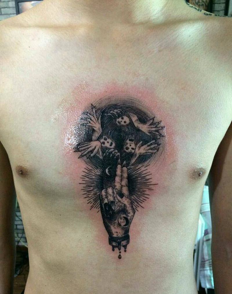 凶手纹身图片_胸部成品纹身图案