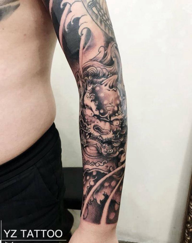 唐狮纹身图片_手臂新传统纹身图案