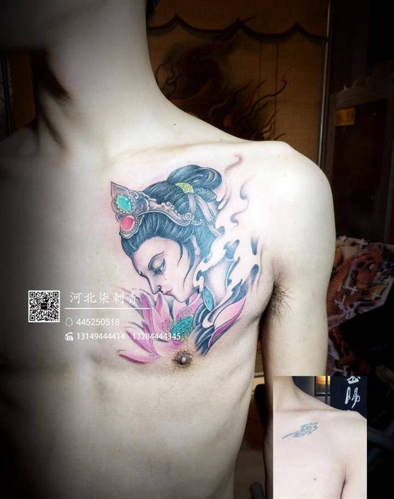 前胸遮盖纹身图片_成品胸部传统人物纹身图案