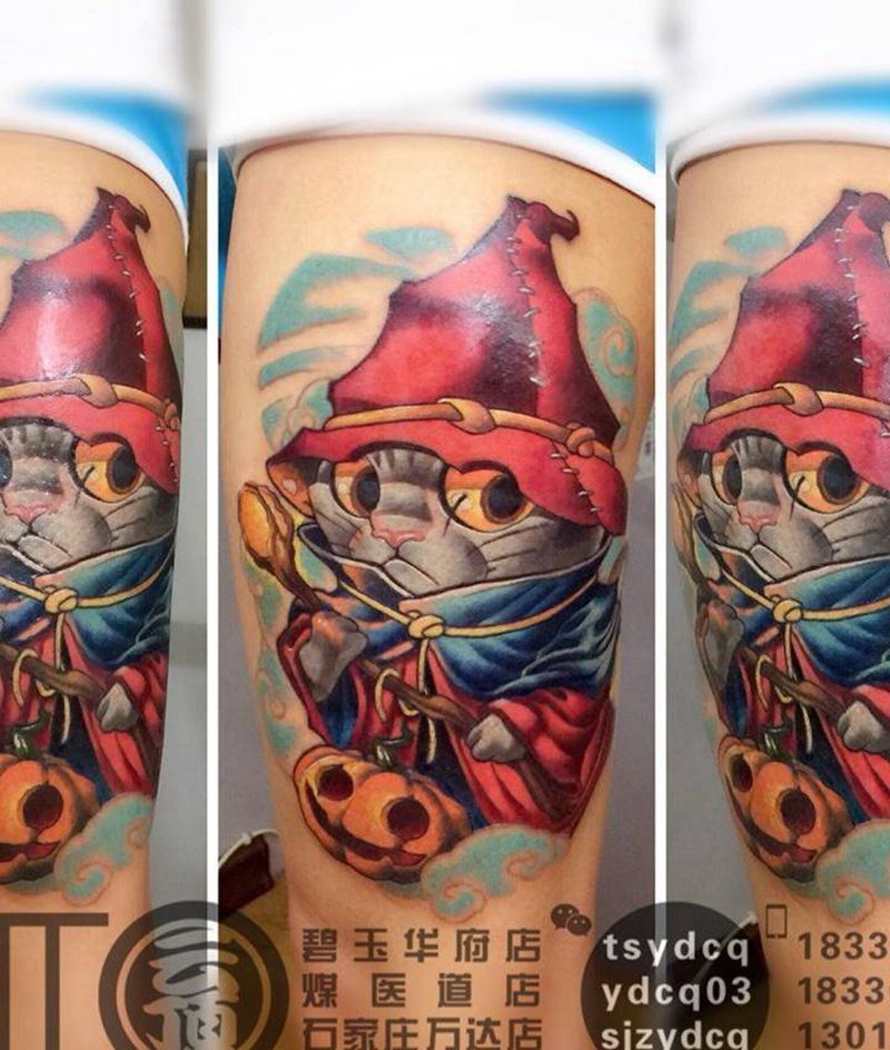 女巫猫纹身图片_成品腿部欧美动物原创纹身图案