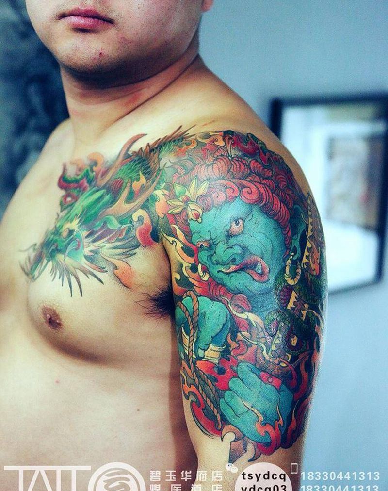 不动明王半胛纹身图片_成品胸部手臂传统习俗人物动物鬼神宗教原创纹身图案