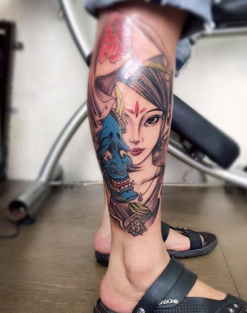 艺妓纹身图片_腿部人物纹身图案