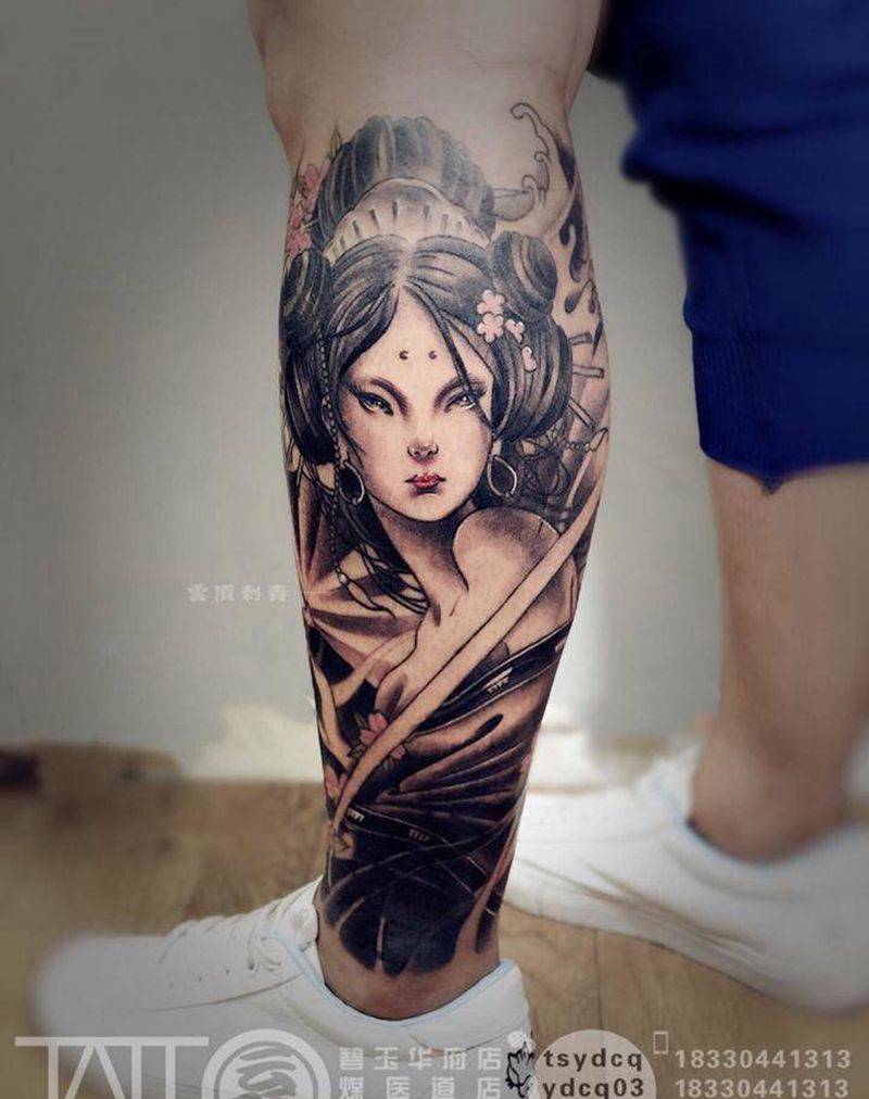 艺妓 强力覆盖老纹身纹身图片_成品腿部传统习俗人物原创纹身图案