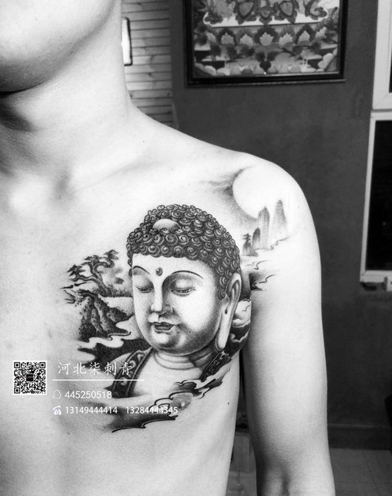 胸前佛头纹身图片_成品胸部传统人物宗教纹身图案