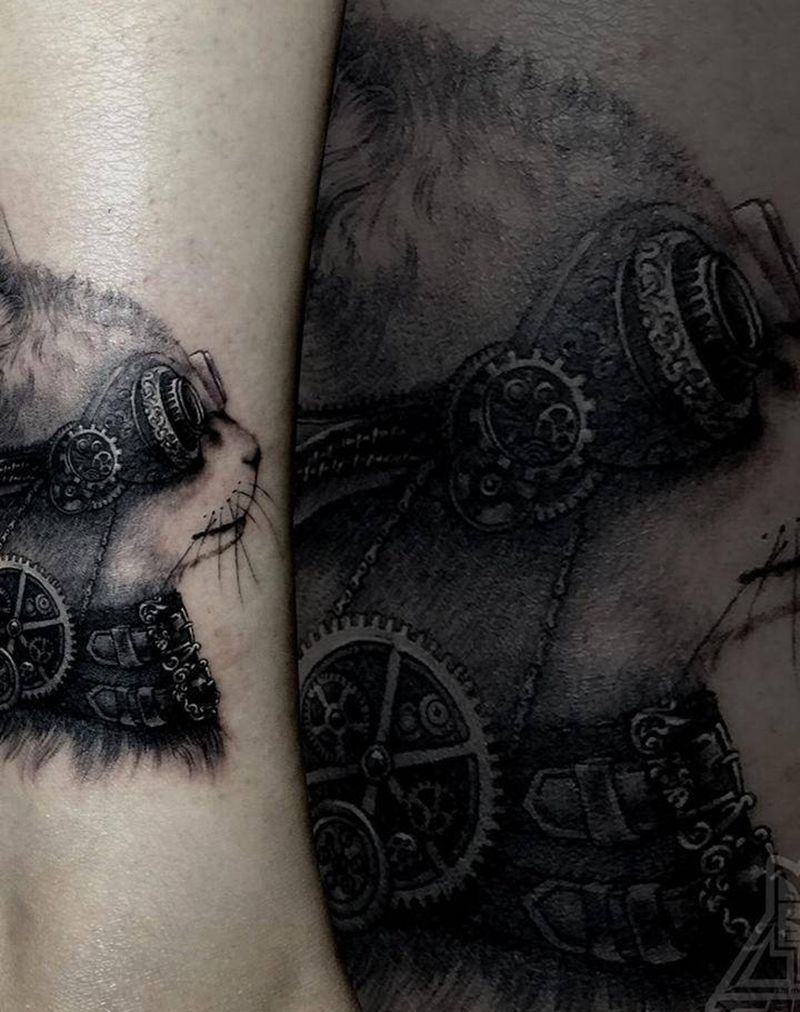 机器......猫.....纹身图片_成品腿部欧美写实肖像动物猫纹身图案