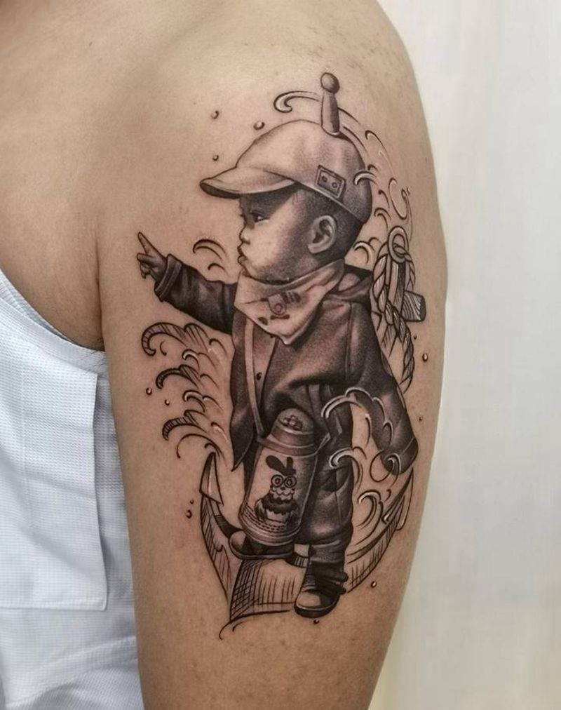 乘风破浪的宝宝纹身图片_手臂欧美写实纹身图案