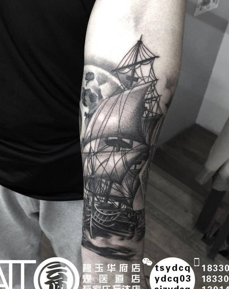欧美风格帆船纹身图片_成品手臂欧美写实静物原创纹身图案