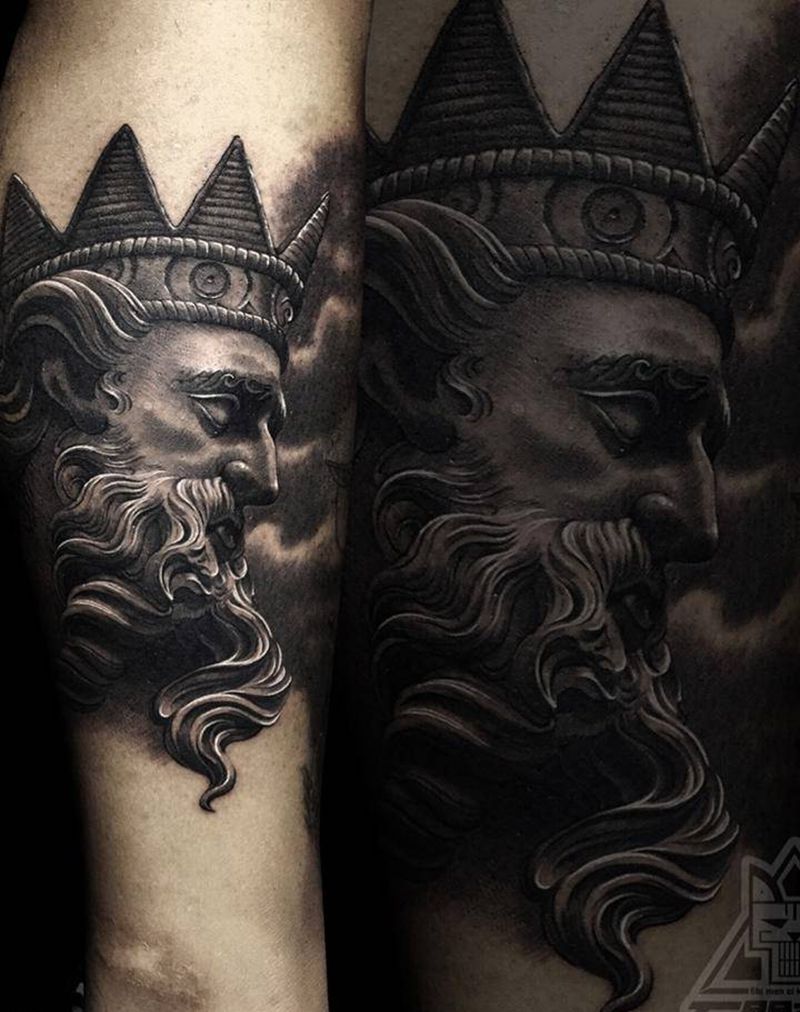 波塞冬纹身图片_成品腿部欧美写实肖像人物宗教鬼神纹身图案