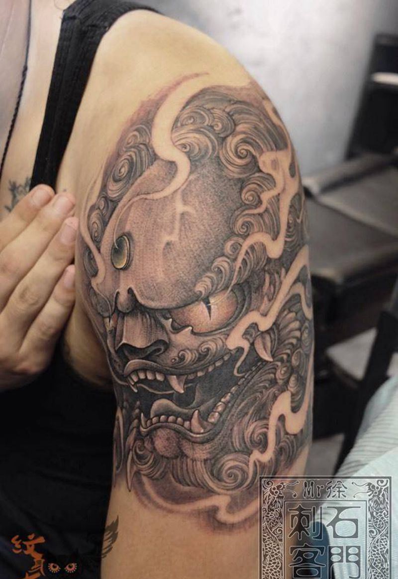 唐狮纹身图片_成品手臂传统写实动物鬼神唐狮纹身图案