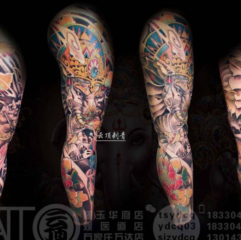 象神花腿纹身图片