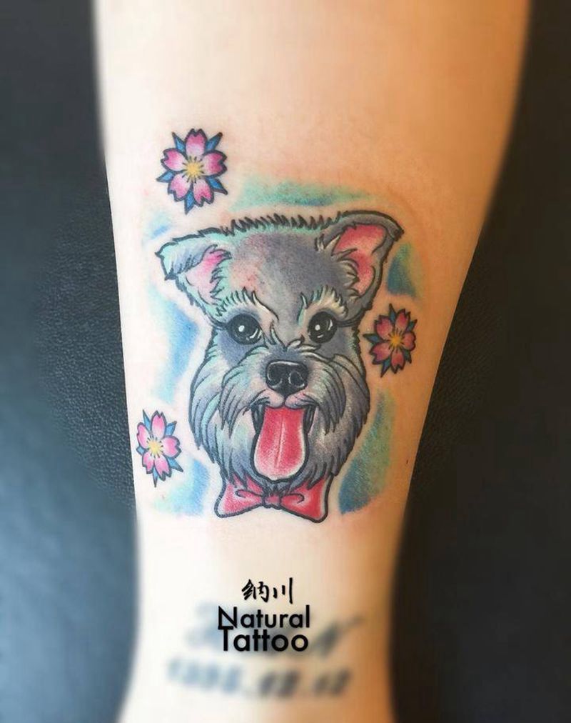 原创雪纳瑞纹身图片_成品腿部脚部欧美卡通动物植物原创纹身图案