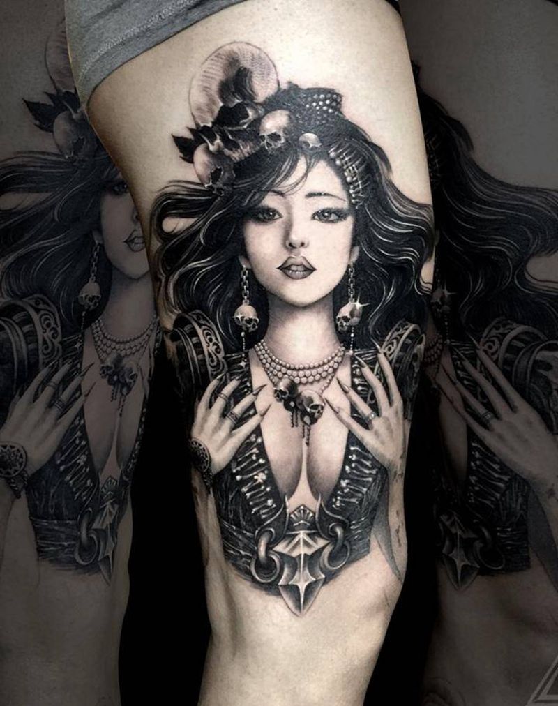 大美腿的大美妞（未完）纹身图片_成品腿部欧美写实肖像人物鬼神宗教纹身图案