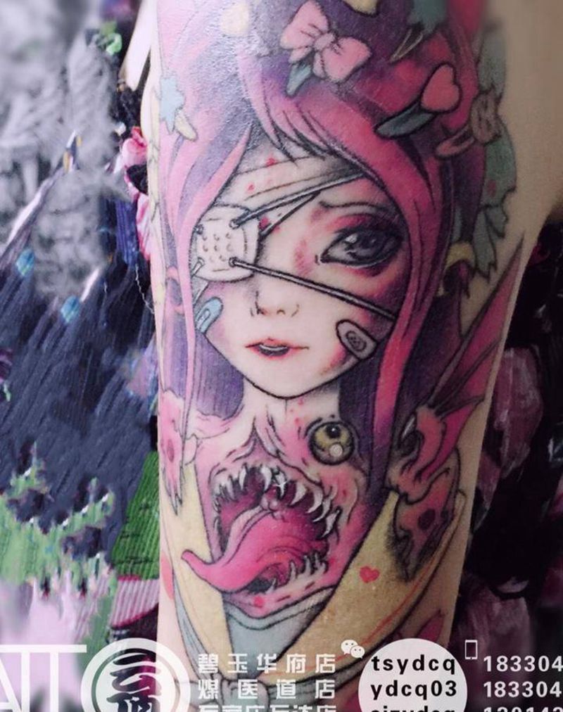 裂口女纹身图片_成品手臂欧美人物纹身图案