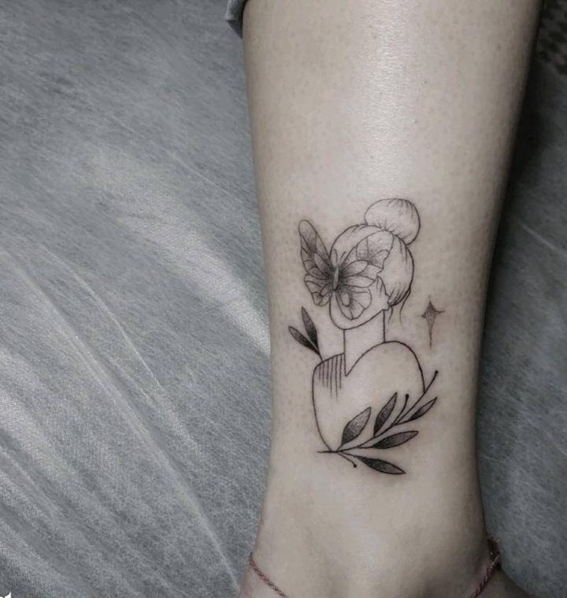 小清新蝴蝶少女纹身图片_腿部纹身图案