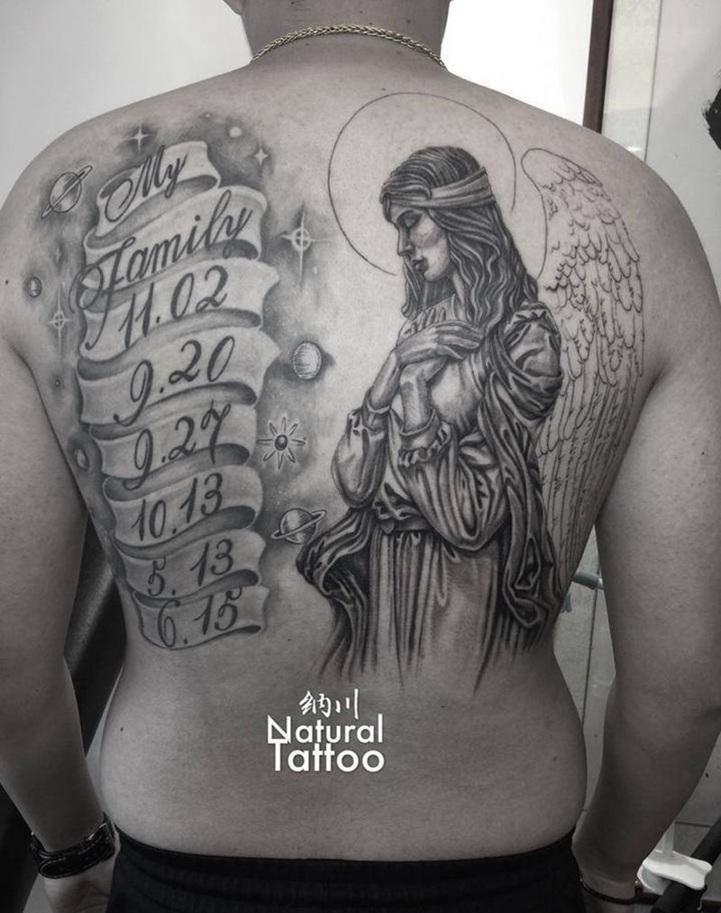 天使的守护未完成纹身图片_未完成品欧美写实肖像鬼神宗教背部纹身图案