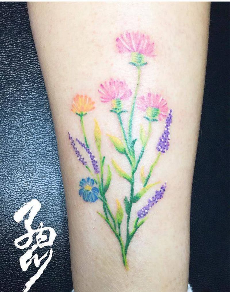 小清新 花花纹身图片_成品腿部欧美清新植物纹身图案