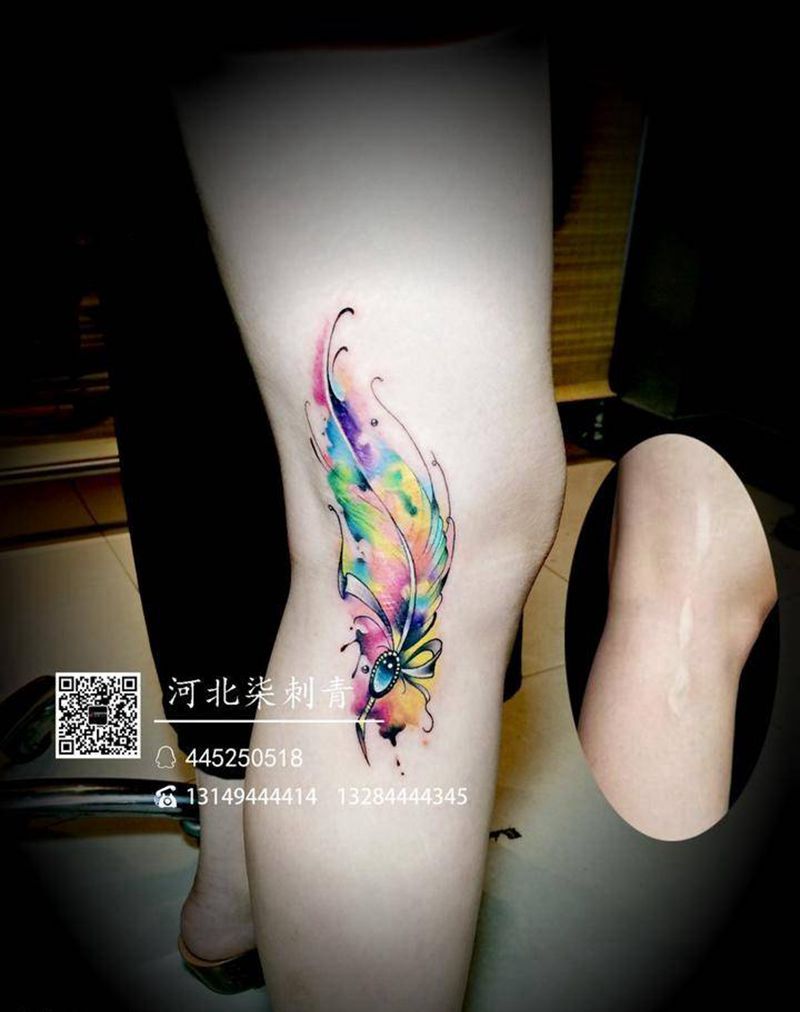 水彩羽毛遮盖疤纹身图片_成品腿部清新静物原创纹身图案