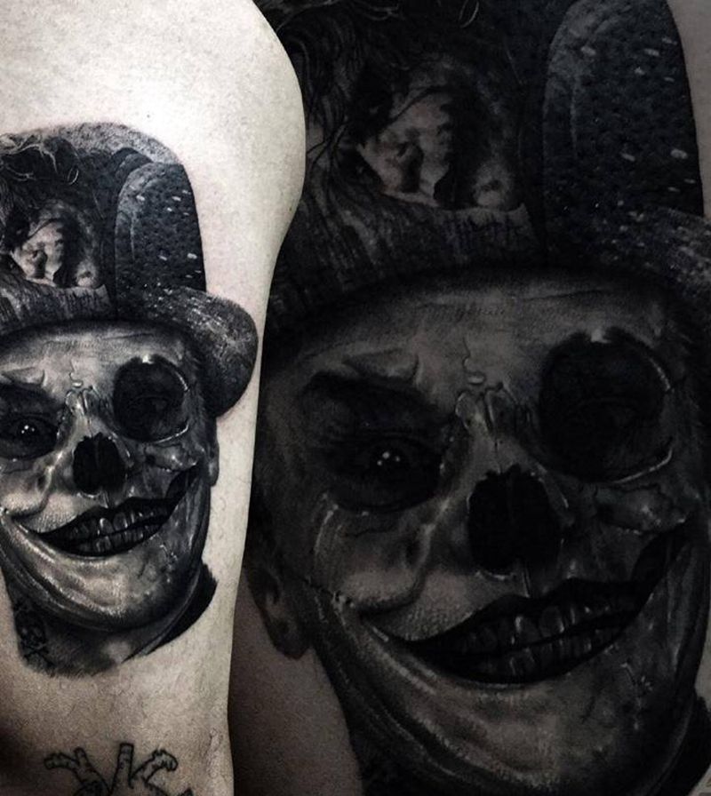 小丑纹身图片_成品腿部欧美写实肖像人物鬼神原创纹身图案