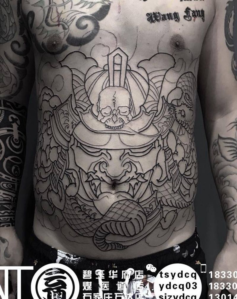 鬼武士纹身图片_成品腹部传统习俗人物宗教鬼神原创纹身图案