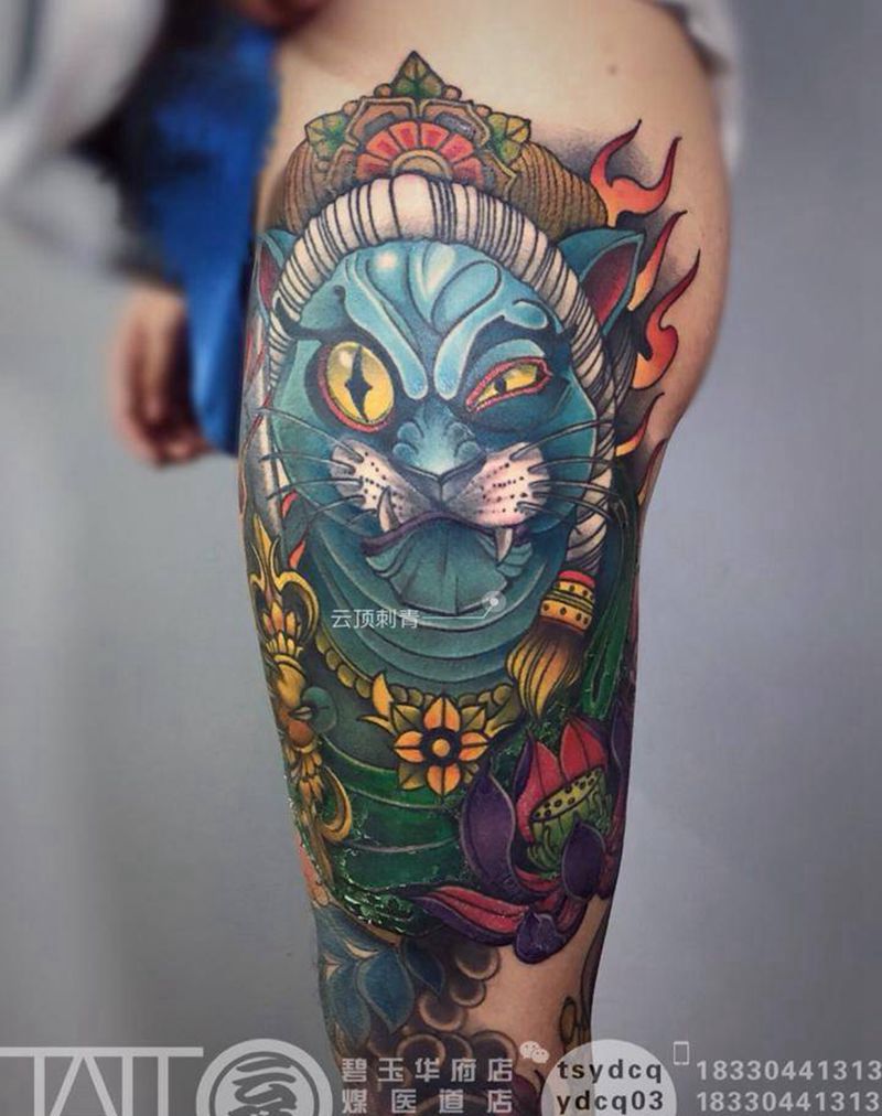 花腿 老纹身翻新 修改纹身图片_腿部新传统猫 莲花纹身图案