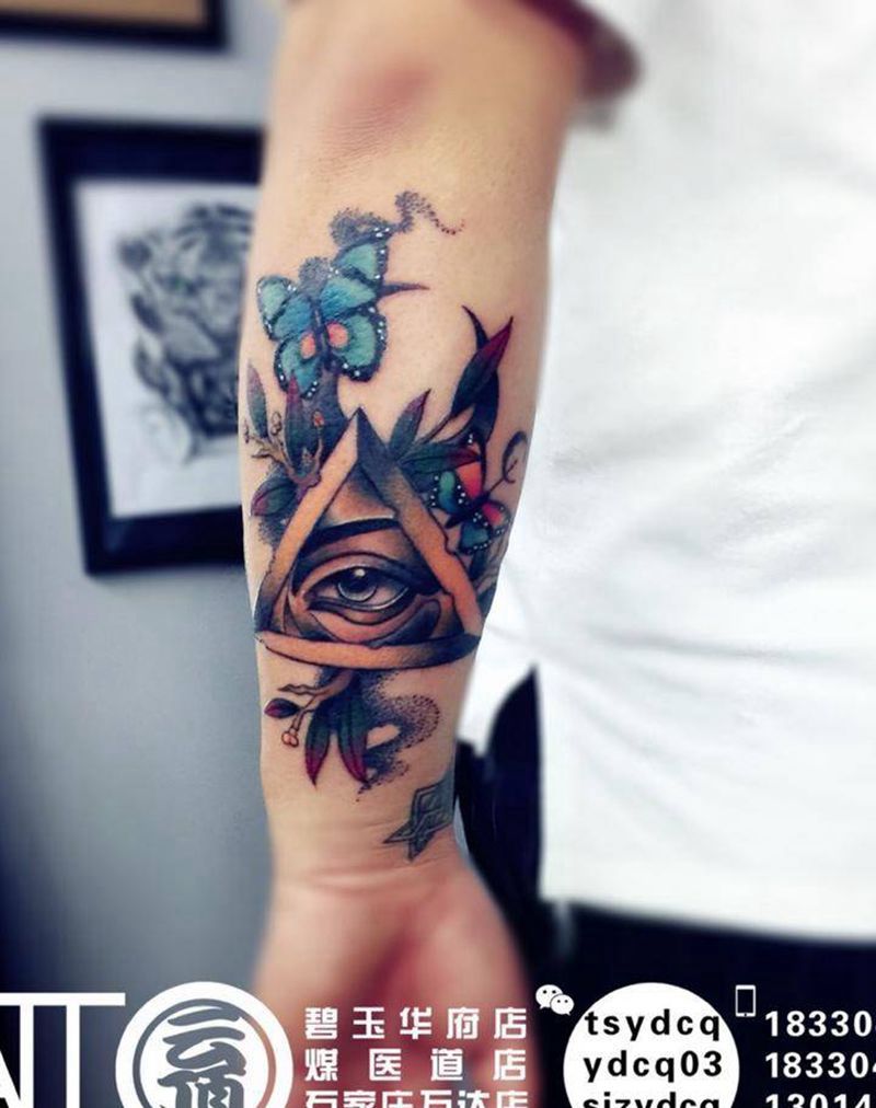 全视之眼纹身图片_成品手臂欧美人物原创宗教植物纹身图案