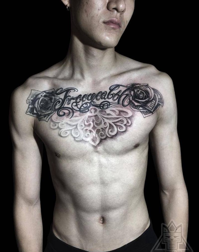 花胸纹身图片_成品胸部欧美字符静物植物图腾原创纹身图案