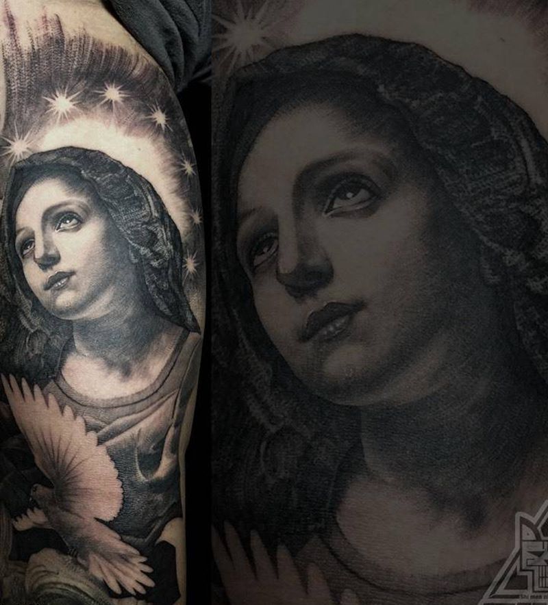 圣母纹身图片_成品手臂欧美写实肖像人物宗教鬼神纹身图案