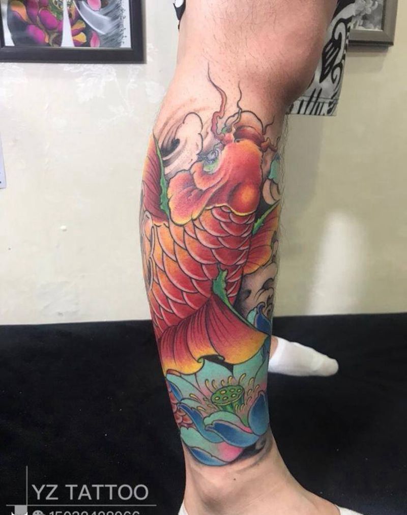 鱼纹身图片_腿部动物纹身图案