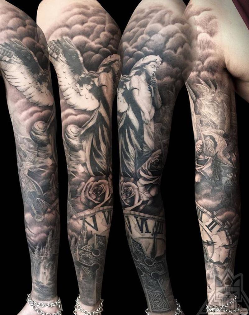 欧美花臂纹身图片_成品手臂欧美写实肖像鬼神宗教人物静物纹身图案