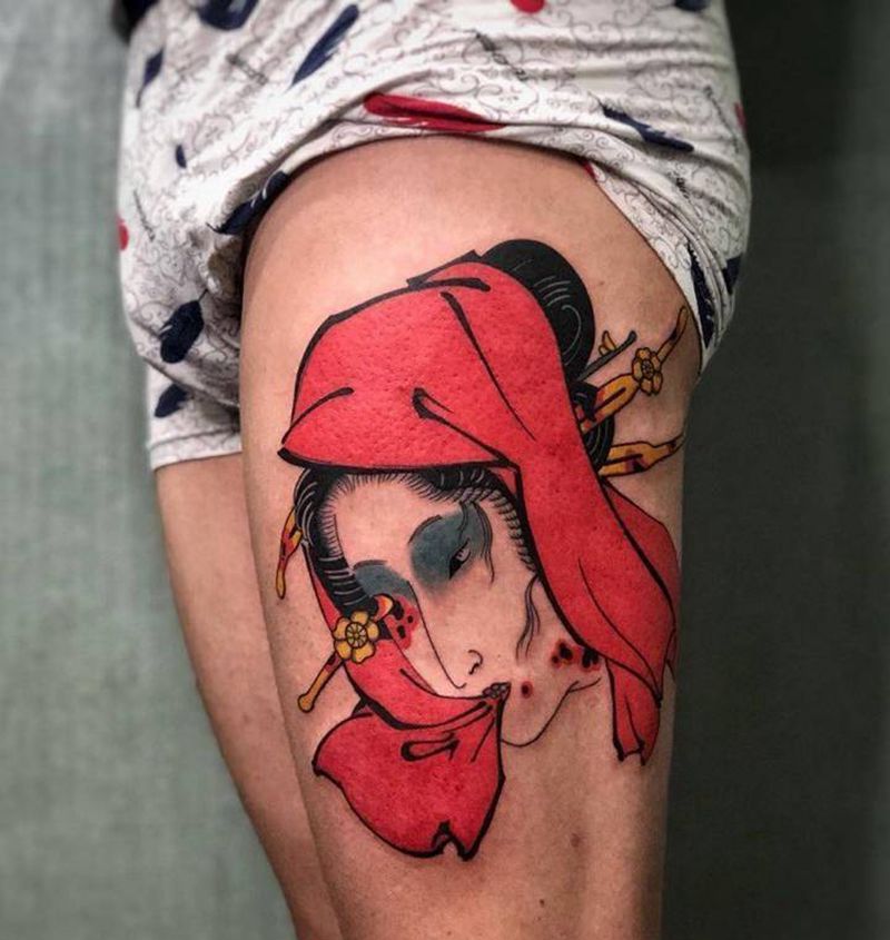 生首纹身图片_腿部老传统纹身图案