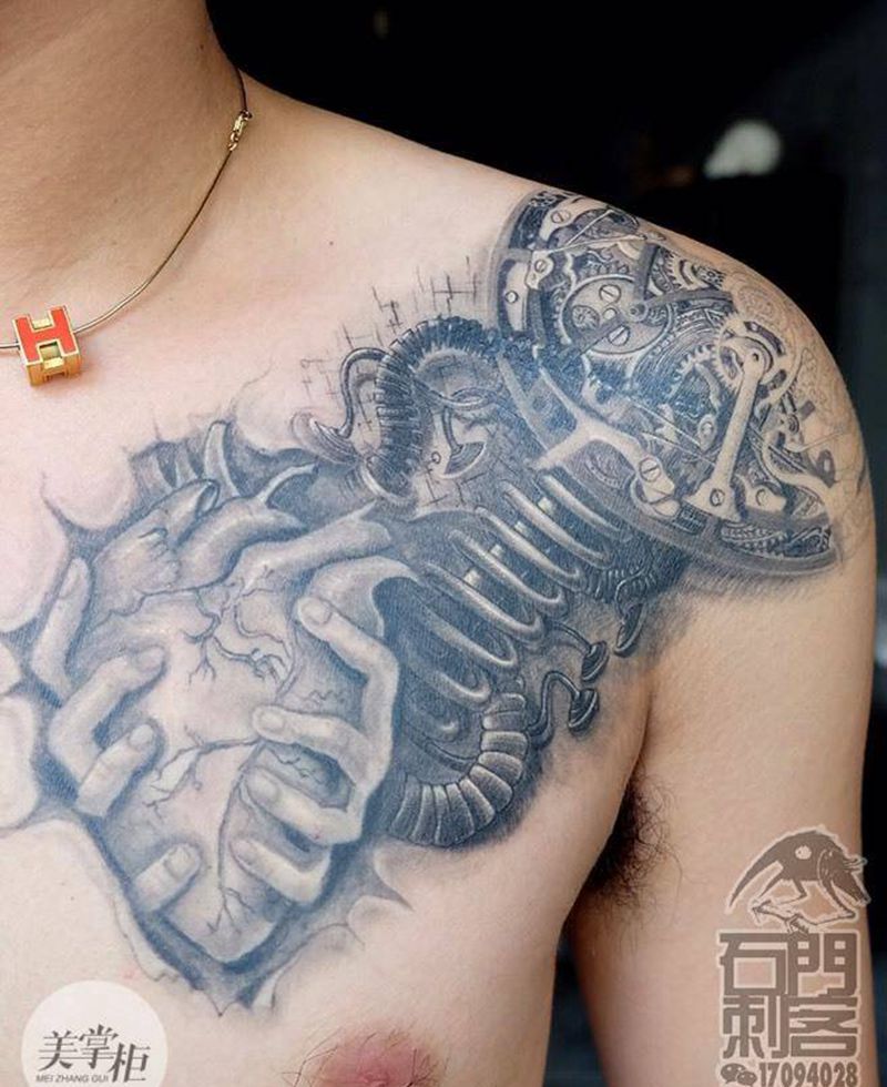 弹簧+表芯纹身图片_欧美写实几何原创静物胸部纹身图案
