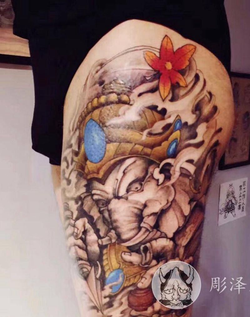 象神纹身图片_手臂腿部新传统纹身图案