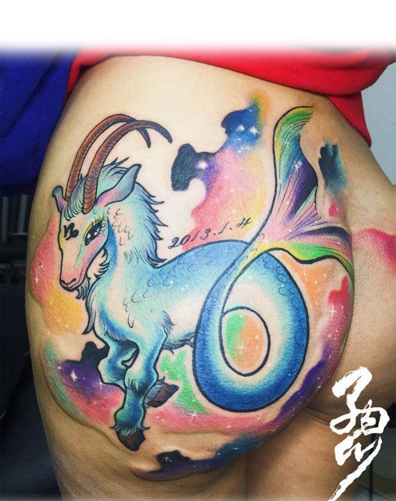 少女系摩羯座纹身图片_成品臀部欧美宗教原创卡通泼墨重彩纹身图案