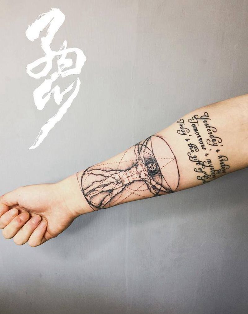 维特鲁威人纹身图片_成品手臂肖像欧美几何人物原创黑白纹身图案