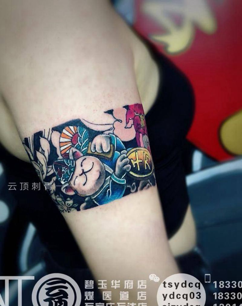 招财猫 臂环纹身图片_手臂新传统招财猫纹身图案