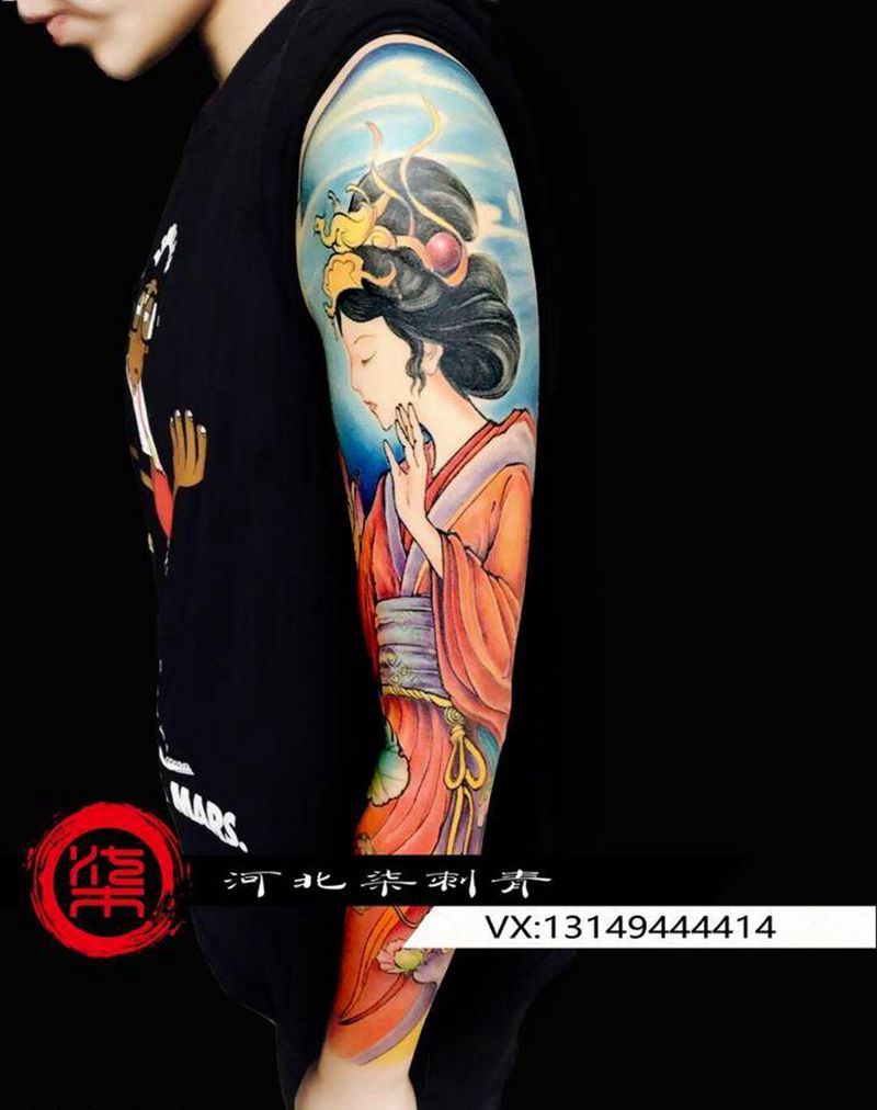 荷塘美人纹身图片_手臂成品传统国画肖像清新习俗人物原创纹身图案