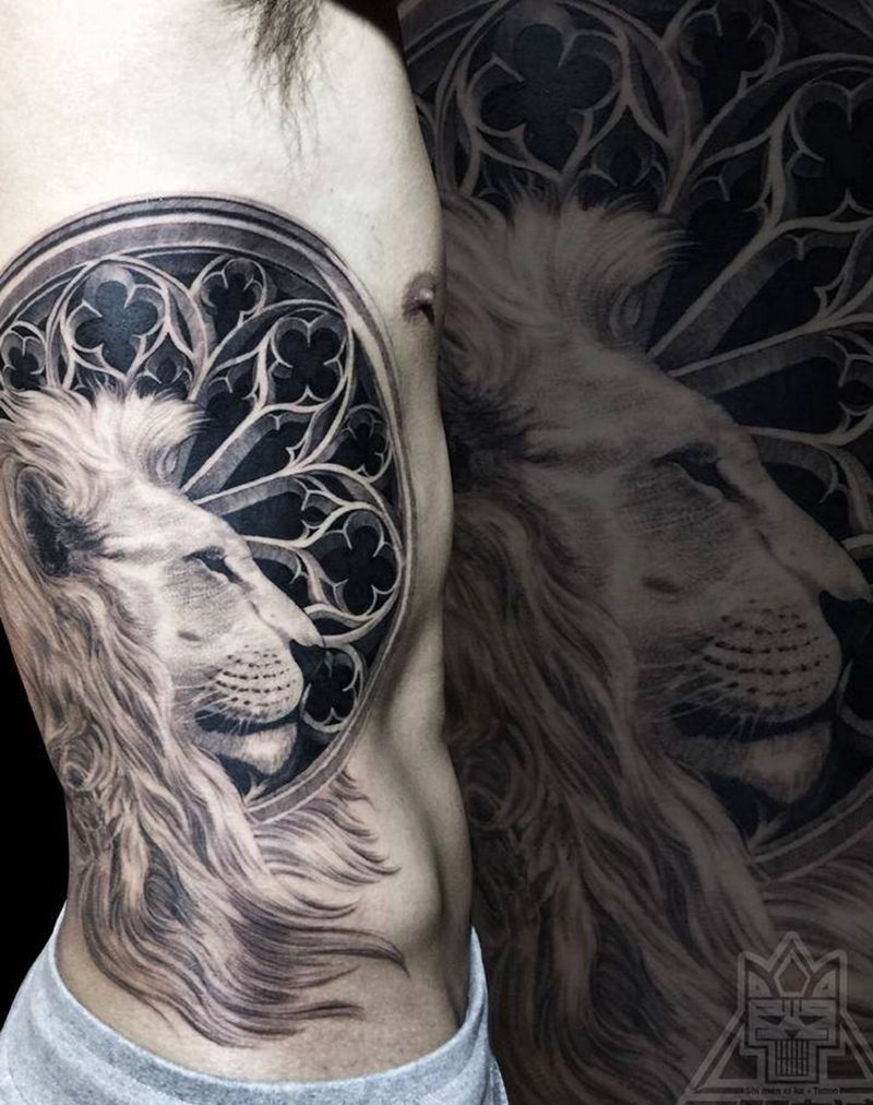 狮子纹身图片_成品腹部腰部欧美写实肖像动物宗教图腾纹身图案