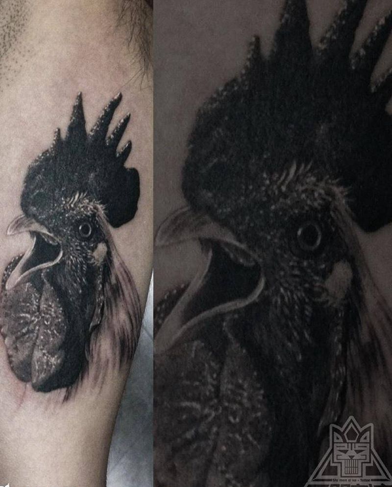 公鸡纹身图片_成品手臂写实欧美动物纹身图案