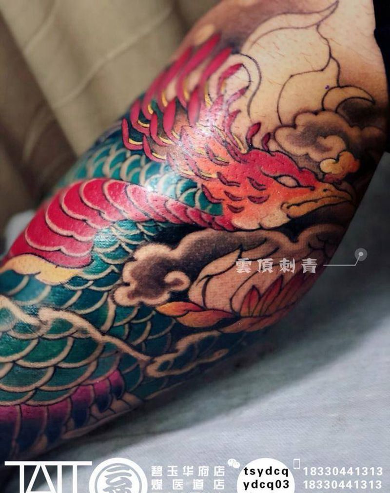 凤凰包小腿 未完待续纹身图片_成品腿部传统习俗宗教鬼神动物原创纹身图案