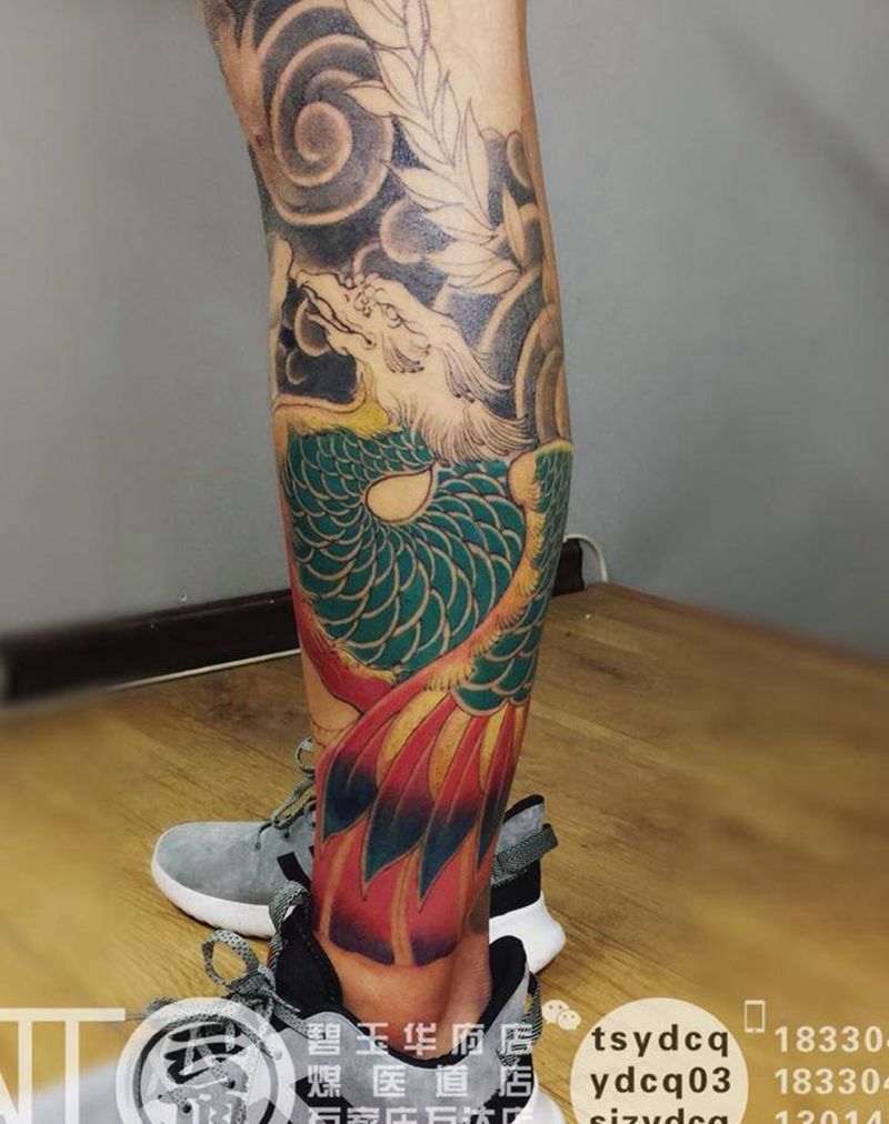 凤凰腿 未完待续纹身图片_成品腿部传统动物原创纹身图案