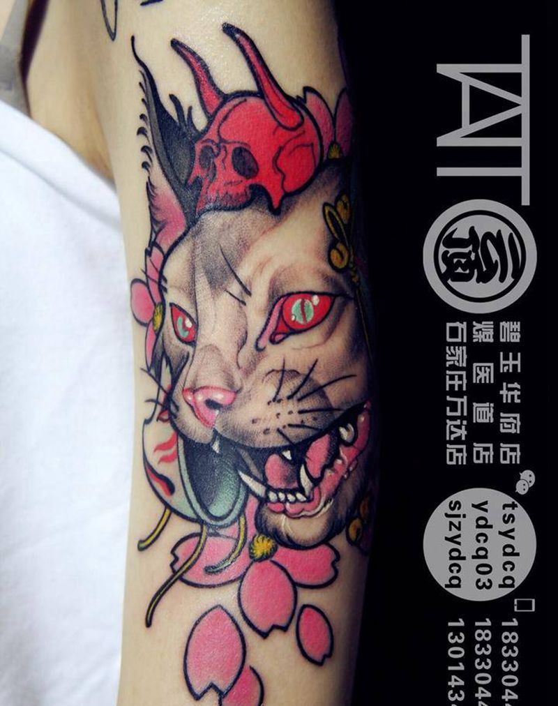 猫纹身图片_成品手臂欧美动物纹身图案